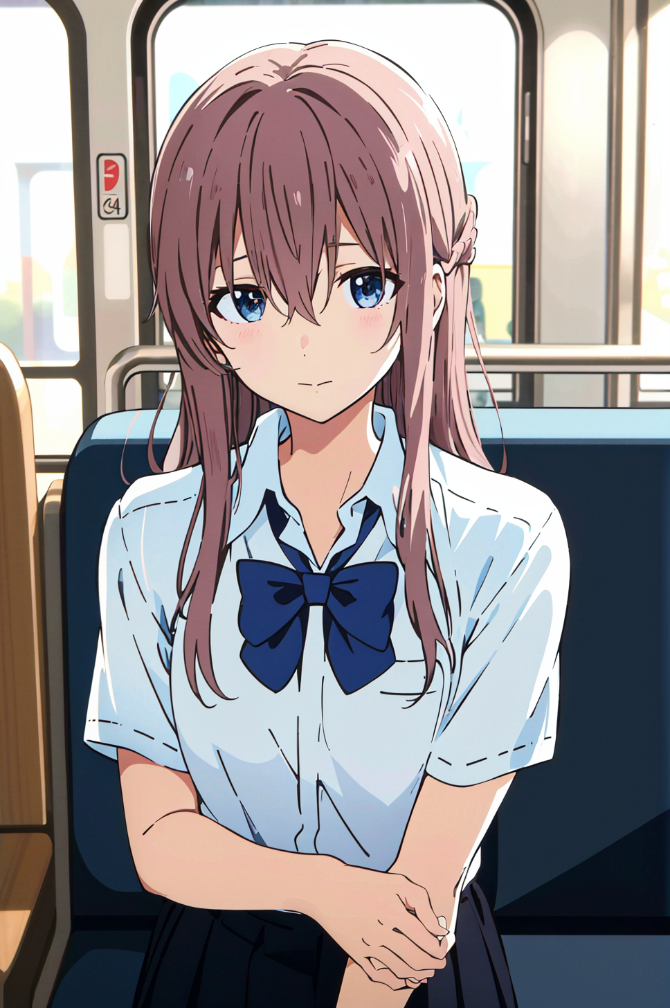 3978519913-2941569021-koe no katachi, shirt, 1girl, collared shirt, long hair, train interior, white shirt, bow, brown hair, short sleeves, letterboxe.png